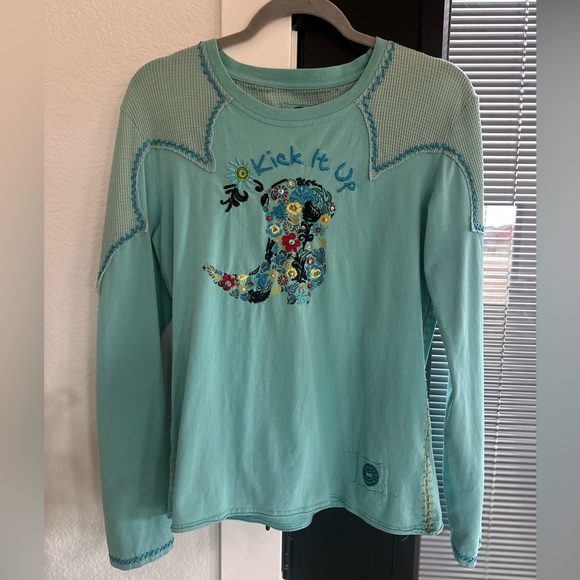 Double D Ranch Turquoise Long Sleeve Embroidered Western "Kick It UP" SZ M - Picture 2 of 6